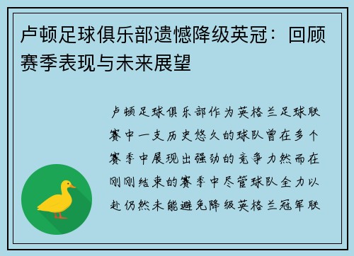 卢顿足球俱乐部遗憾降级英冠：回顾赛季表现与未来展望