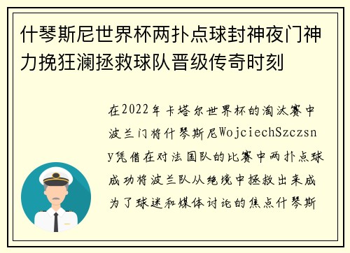什琴斯尼世界杯两扑点球封神夜门神力挽狂澜拯救球队晋级传奇时刻